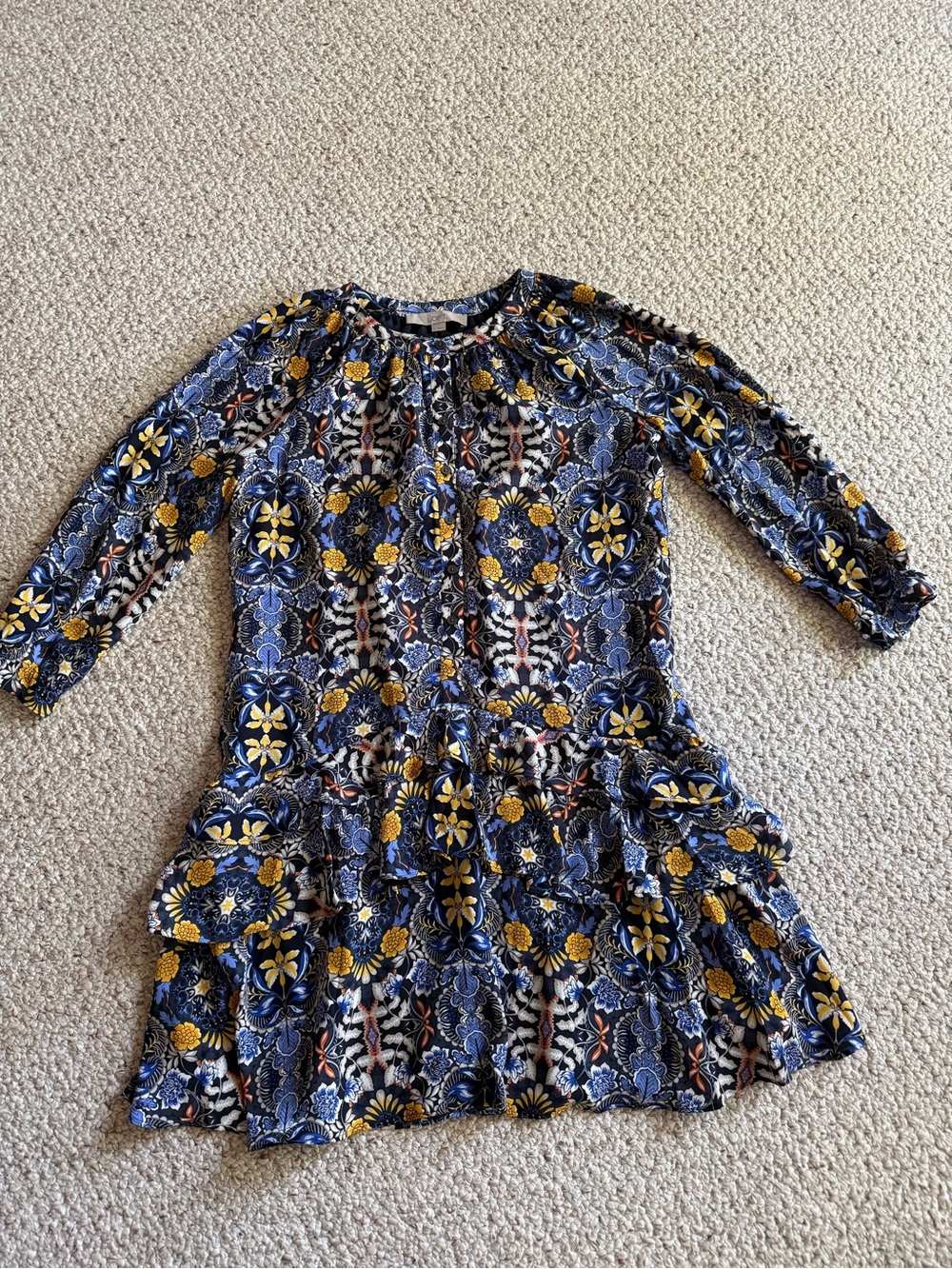 EUC LOFT Navy & Yellow Floral Tiered Dress
